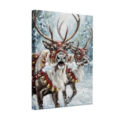Renne de Noël tirant un traîneau dans une forêt enneigée, ensemble de 3 impressions sur toile