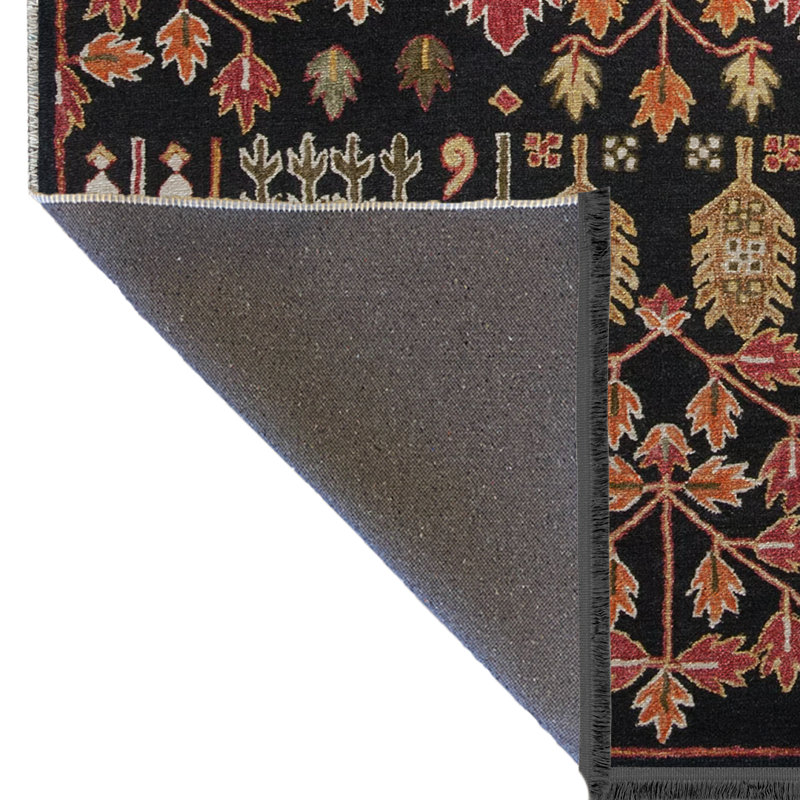 Tapis décoratif noir multicolore à motif floral et à franges, Tapis de couloir 3 pi 3 po x 9 pi 10 po