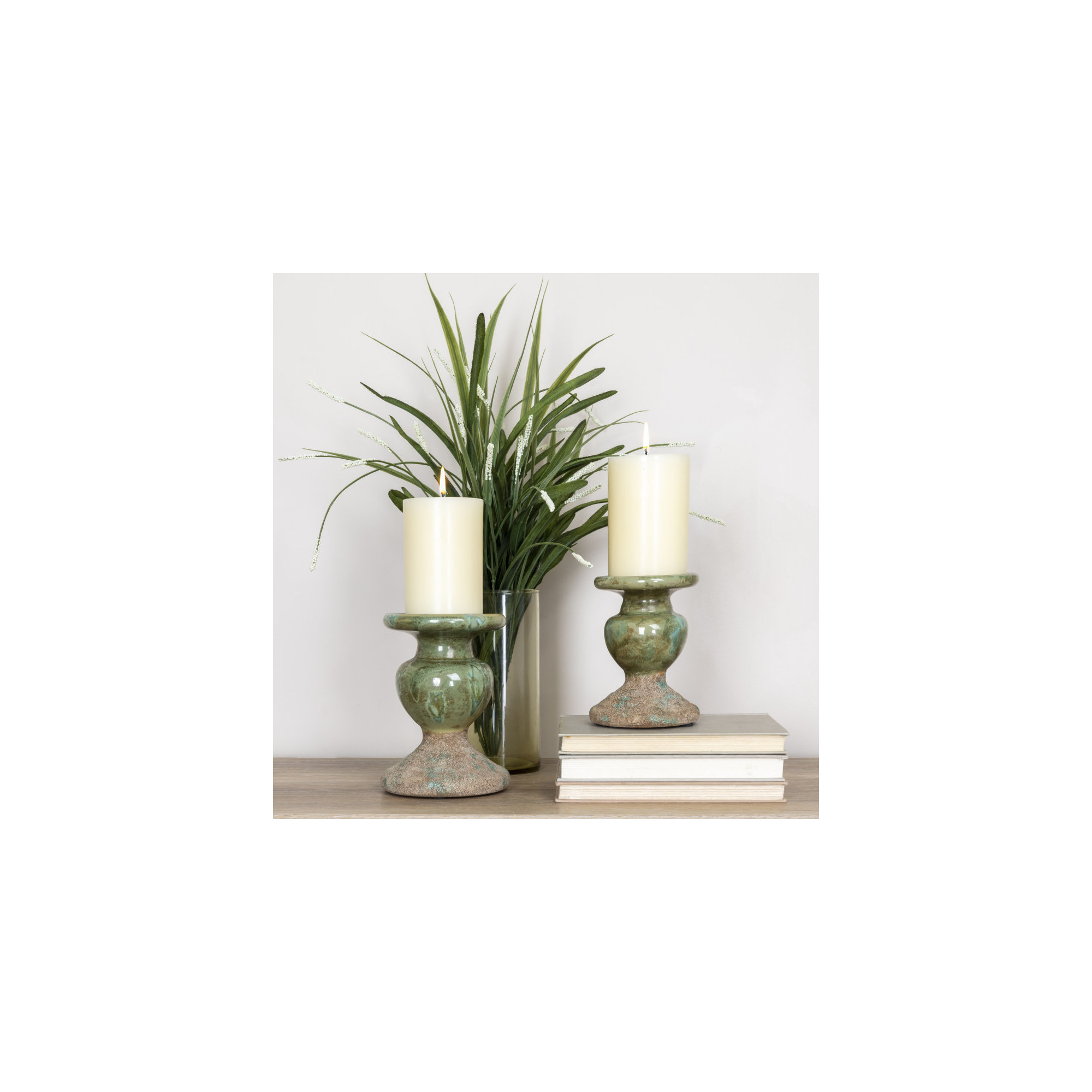 Waikiki Earthenware Tabletop Candlestick, 5.3" H x 4.5" W x x 4.5" D, Distressed Green