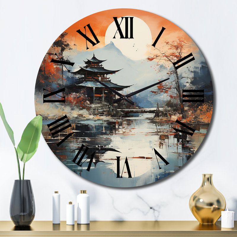Horloge murale orange et orange avec paysage asiatique I, Grand