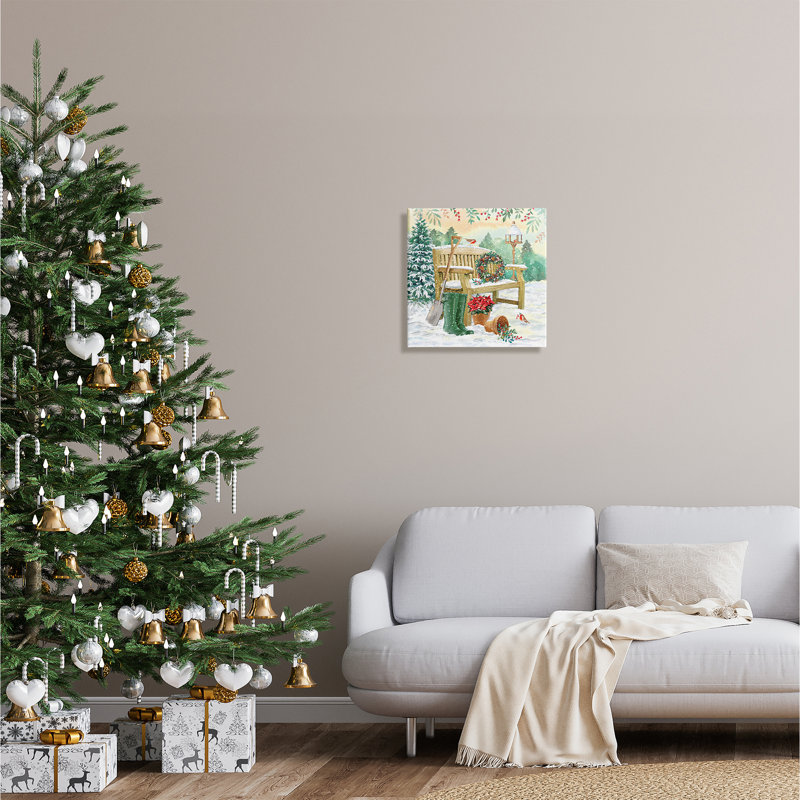 «Snowy Bench Seasonal Holly Plants» sur toile, H 17 po x l 17 po x P 1,5 po