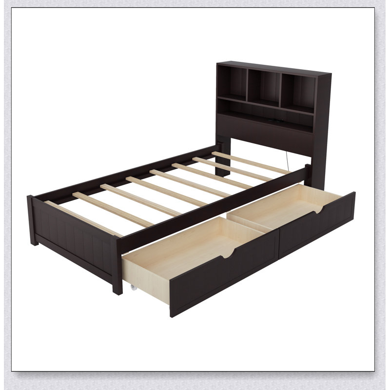 Lit plateforme en bois avec tête de lit bibliothèque, Lit simple, Espresso