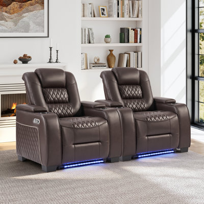 Siège de cinéma inclinable électrique de 38 po de large en similicuir avec appui-tête électrique, éclairage à DEL, porte-gobelets et recharge USB (ensemble de 2)