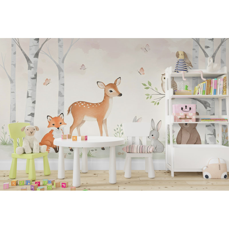 Animaux de la forêt, graphique mural, ours, renard, peler et coller, chambre de fille, papier peint forêt, pépinière, adhésif de décoration murale 578RS