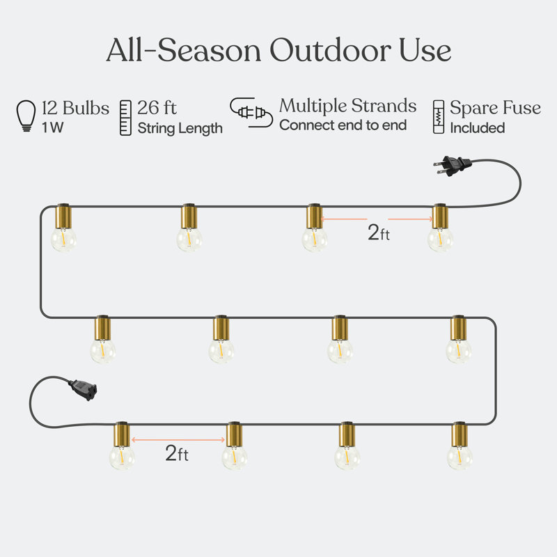 Glow Globe Edison LED Waterproof Outdoor 12 Bulb String Lights, 312"