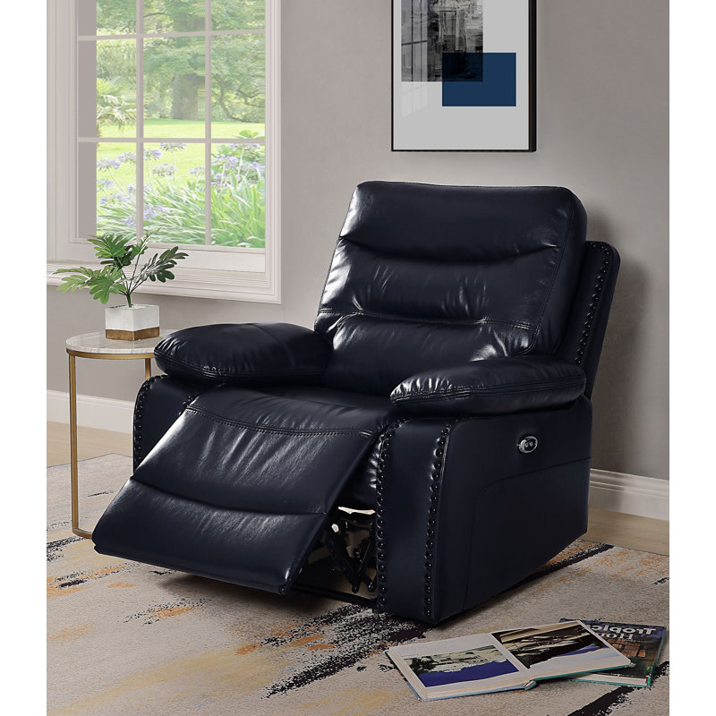 Retha Upholstered Power Reclining Home Theater Seat, Navy Leather Match