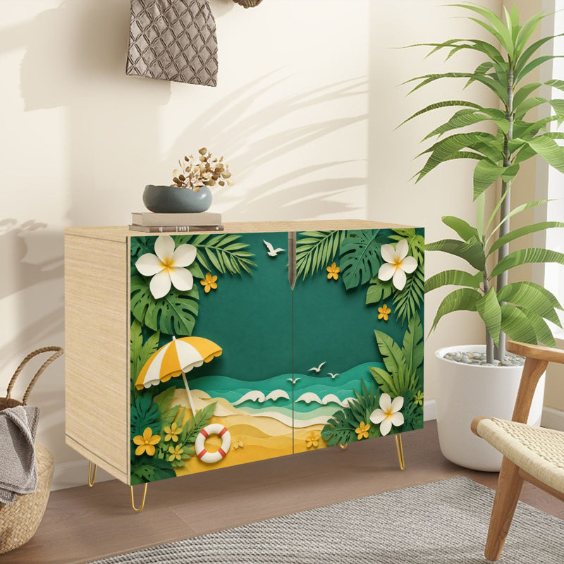 Buffet avec rangement et éléments floraux de style tropical avec 2 portes pour le salon et la cuisine