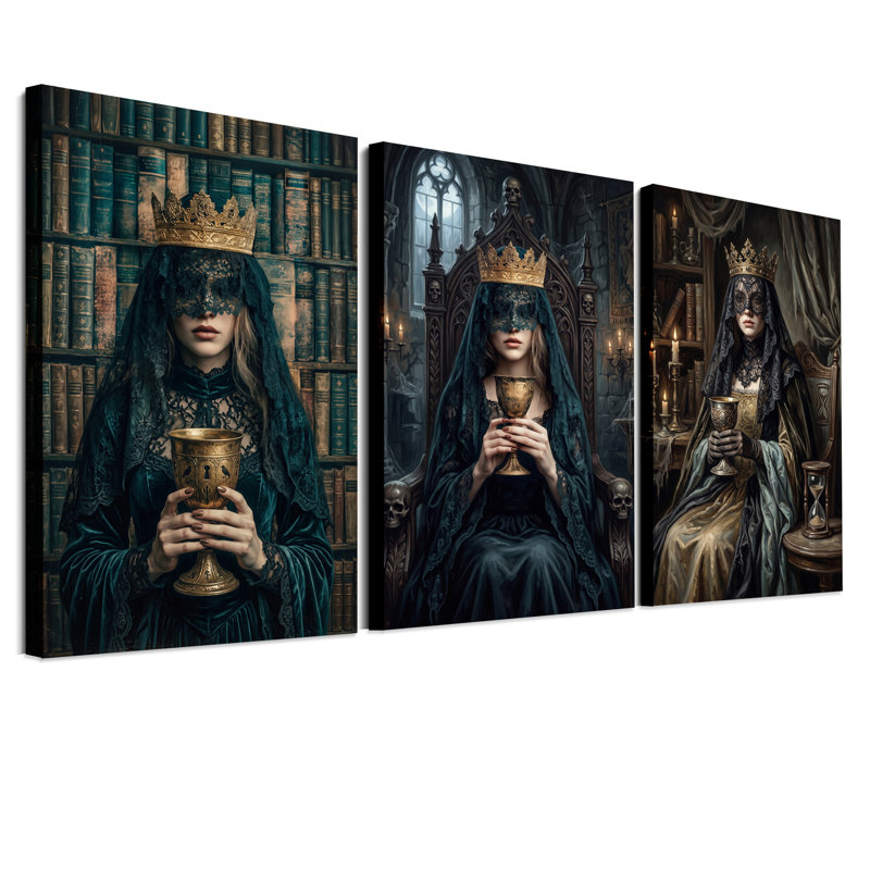 " Gothic Queen In Black Lace Veil Holding Halloween " 3 - Pieces, H 30 po x l 20 po x 3 pièces
