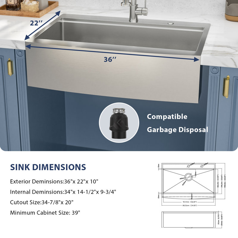 36 Inch Farmhouse Apron Front Workstation Sink Scene & Dimension Chart