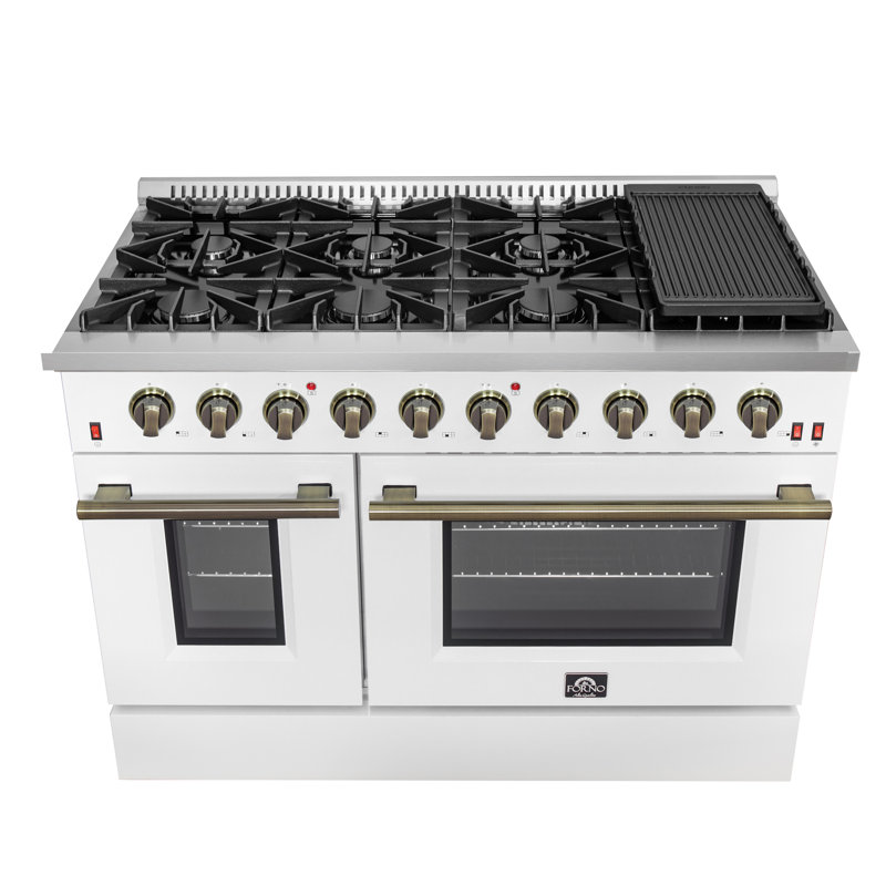 Forno Galiano 48-inch Gas Range in white, black, blue or red, 8 Burners, 107,000 BTU, Griddle, 6.58 Cubic Feet Double Ovens