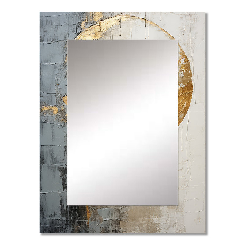 Minimalism Grey Gold Moon Poteries - Abstract Spirals Mirror, Gray Unique Wall Mirror, Printed Metal Art, 32" x 24"