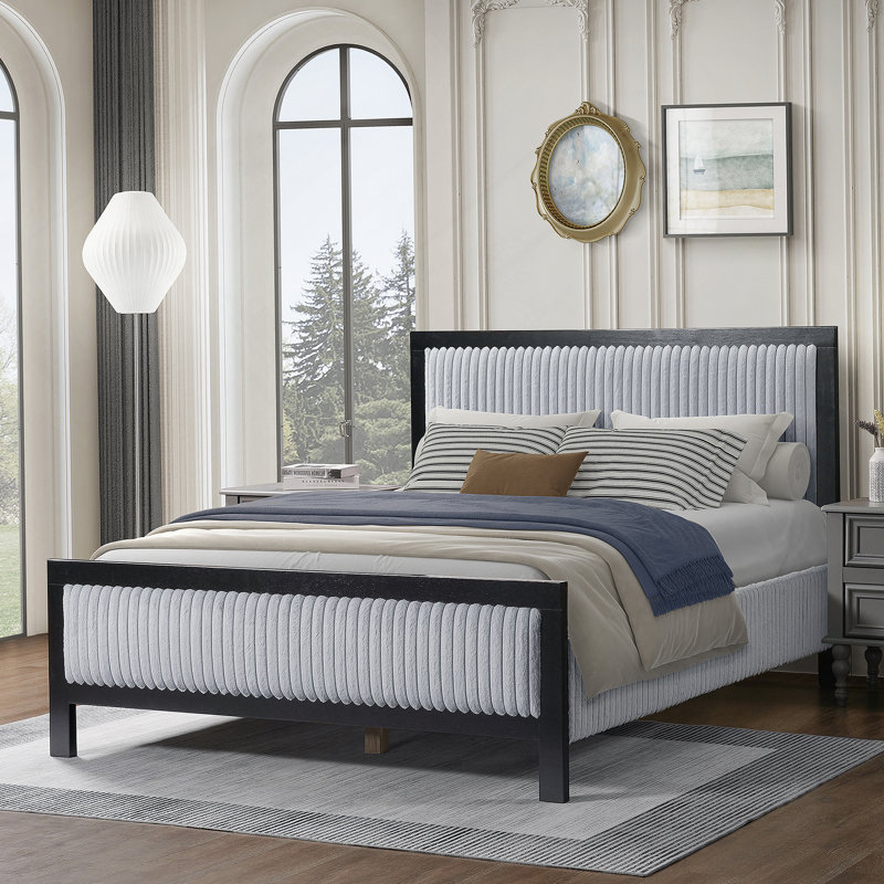 Grand lit tapissier avec tête de lit moelleuse, cadre gris et noir, Grand lit