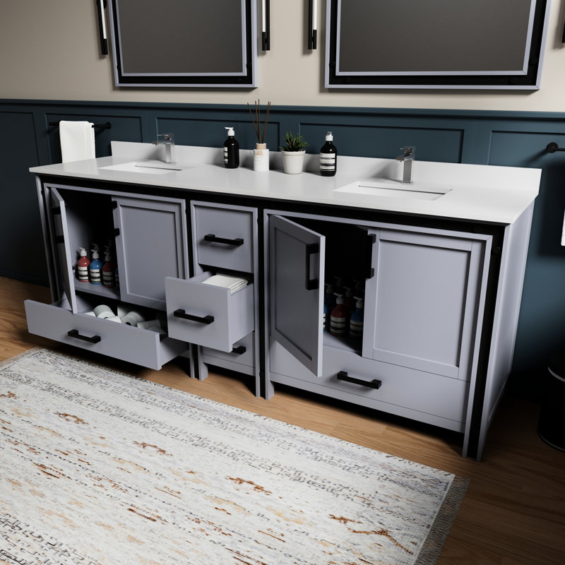 84 po L x P 22 po Meuble-lavabo double en gris foncé, comptoir en quartz blanc, robinet, 34 miroirs - aux rayures et aux taches pour une durabilité accrue