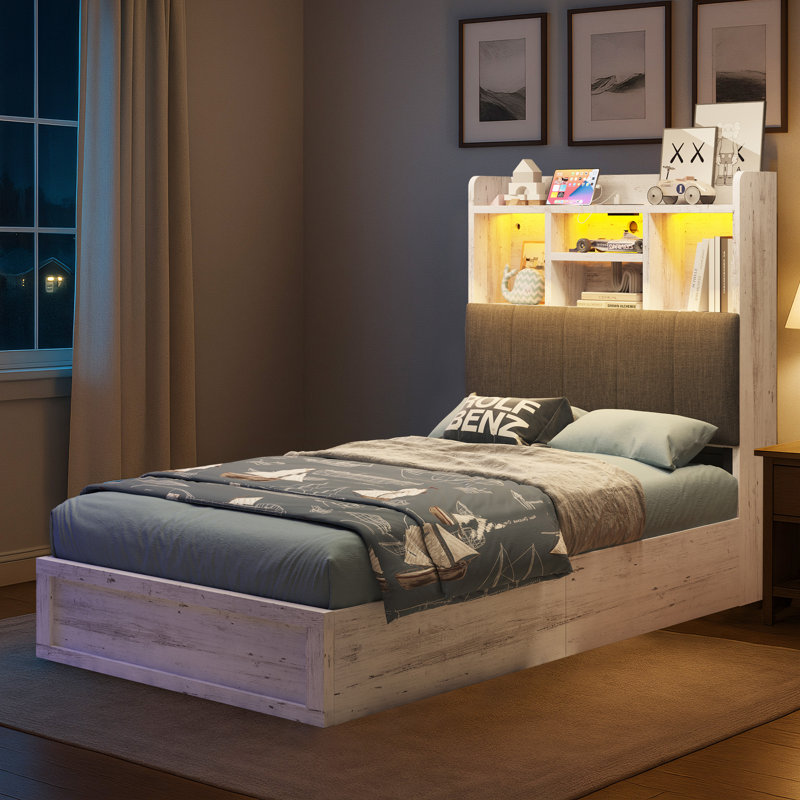 Farmhouse Twin Bed Frame With LED Storage Bookcase Headboard & Charging Station, Rustic Brown, Distressed White, Twin