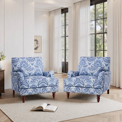 Upholstered Plants Navy Nailhead Trim Accent Chair with Throw Pillow and Solid Wood Legs (Set of 2)