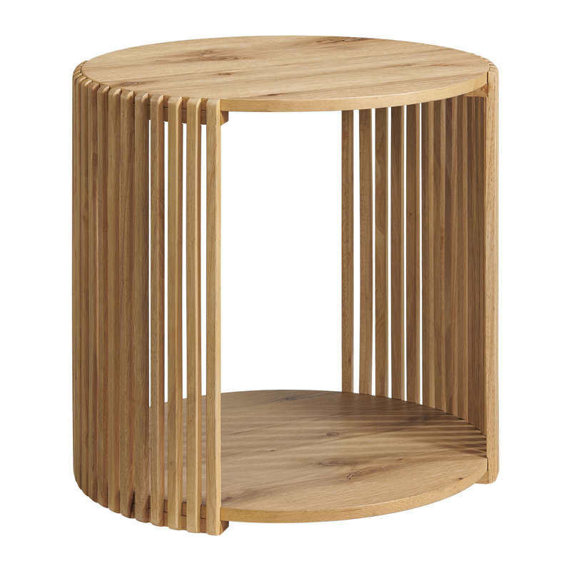 Estie Round Wood Slatted End Table With Open Shelf, Light Oak