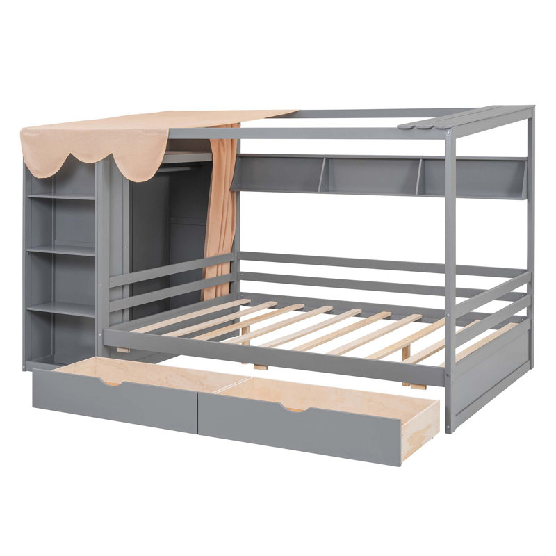 Lit maison avec deux tiroirs et garde-robe, Gris, Complète
