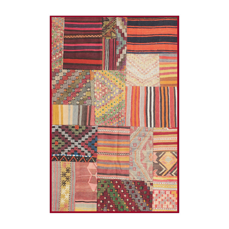 Tapis de zone rouge/orange contemporaine, Rectangle 5 pi x 7 pi