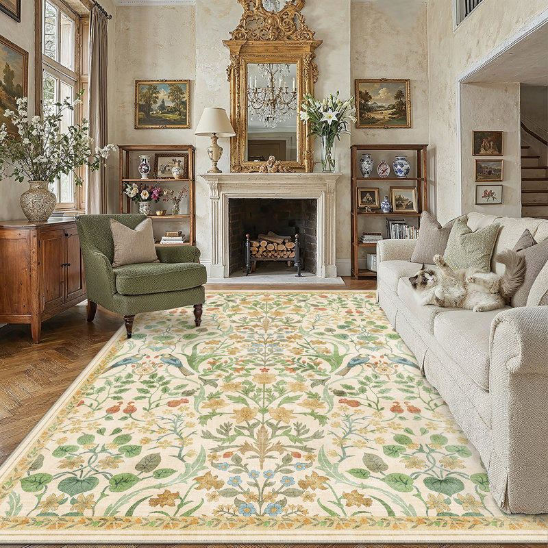 Tapis floral lavable en machine avec envers antidérapant Guston, Light Green, 0.28", Rectangle 9 pi x 12 pi
