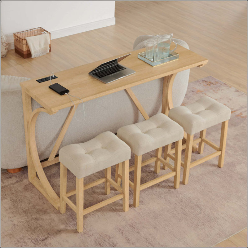 Table de bar, table de salle à manger, table de canapé avec prise de courant, 3 tabourets rembourrés, ensemble de table de bar et de chaises 4 pièces pour le salon, la salle à manger, la cuisine