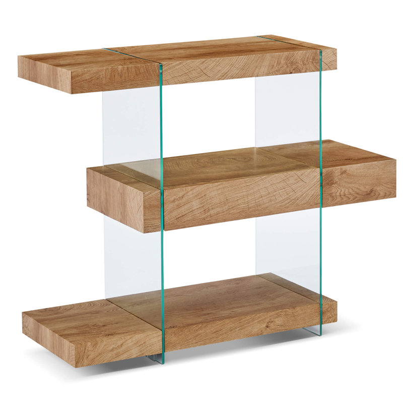 Console Narror de 32 po de longueur avec 3 tablettes à 3 niveaux et un tiroir caché, Bois de chêne
