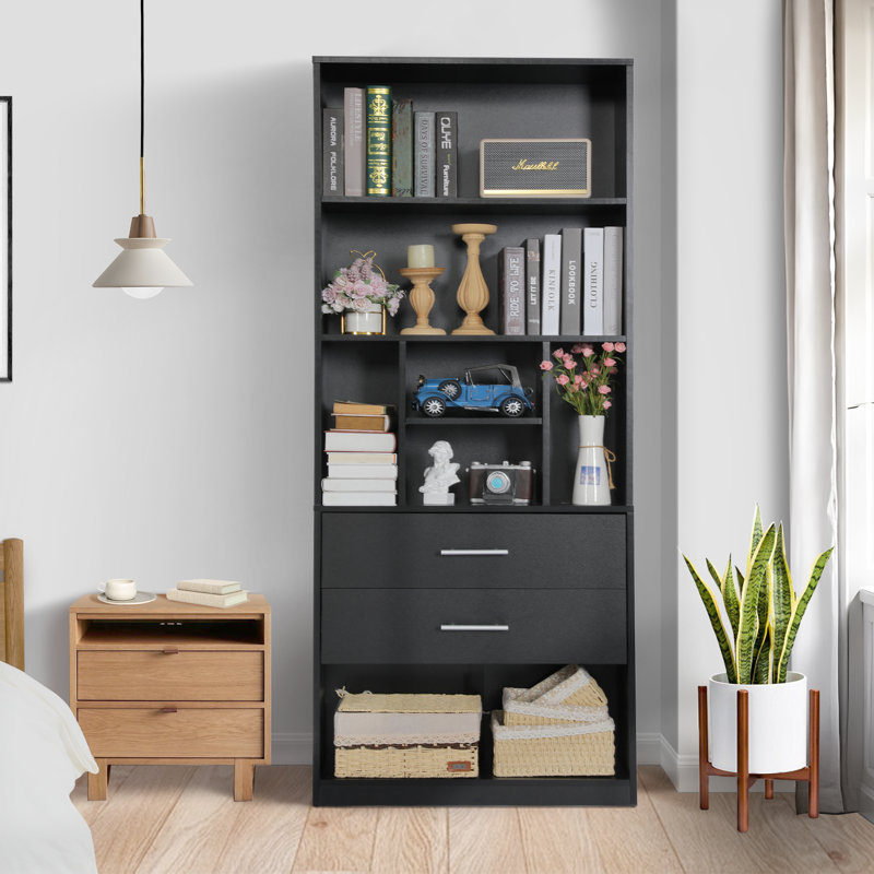 Giesa 71"H Modern Bookcases Storage Bookshelf with 2 Drawers & 7 Open Shelves, Black