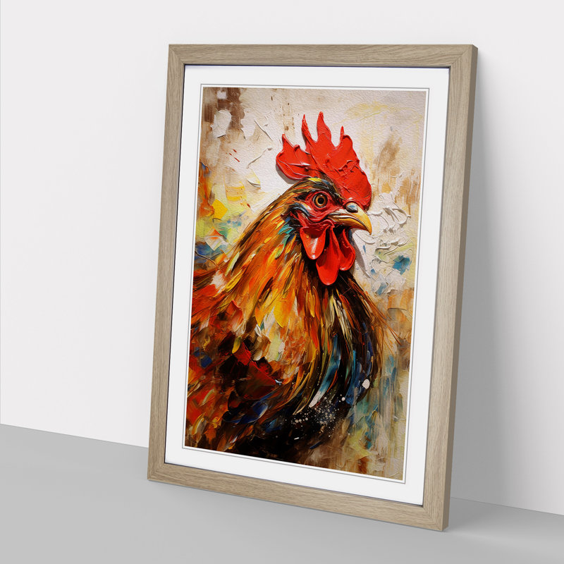 Rooster Contemporary - Single Picture Frame Print on Wood, 46cm H x 34cm W x 2cm D, Oak