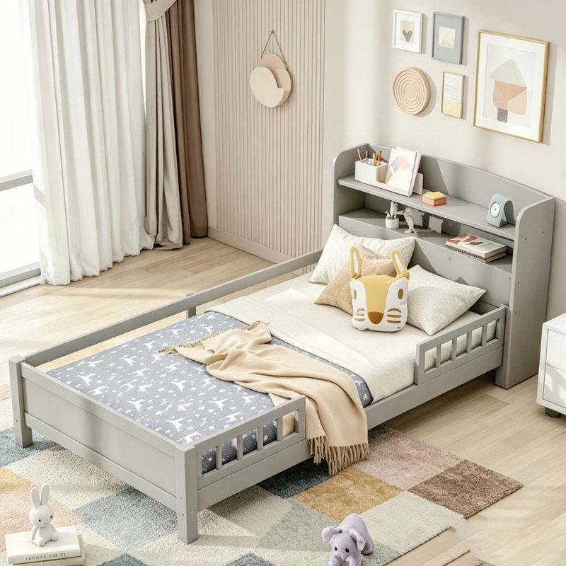 Lit plateforme en bois avec lumière DEL intégrée, Gris ancien, Lit simple