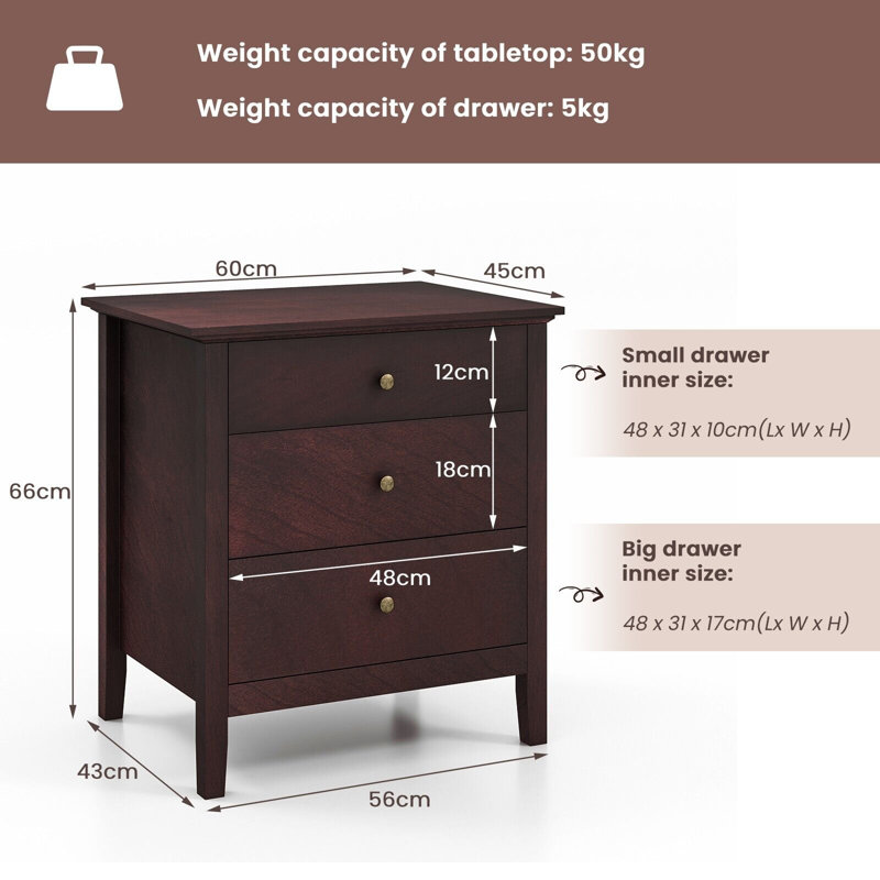 Autry 60cm W Manufactured Wood Bedside Table, Brown