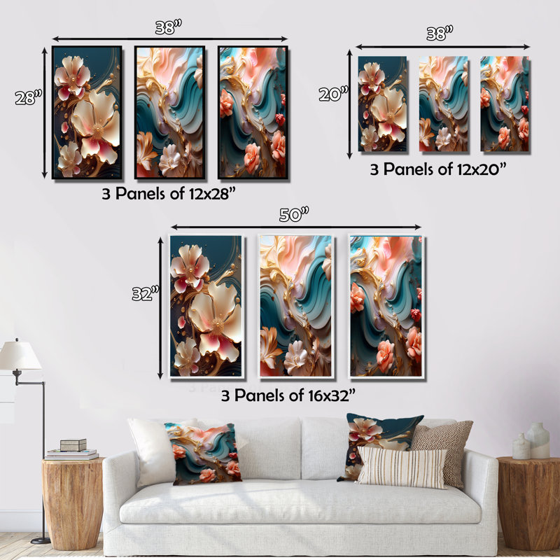«Blooming Pink Magnolia Abstract Flower On Blue», 3 pièces sur toile, Toile tendue, H 28 po x l 36 po