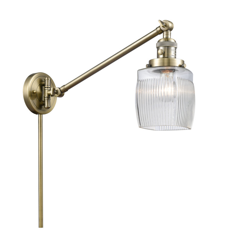 Mireya Plug-in Swing Arm Sconce, Clear Halophane, Antique Brass, 60 Watt Vintage Incandescent Bulb