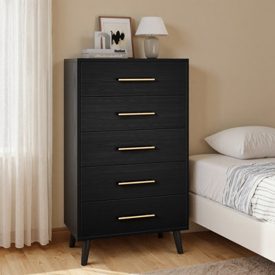 Jakyria 5-Drawer Tall Chest with Modern, Metallic Handles, Engineered Wood Construction, Anti-Tilt Design