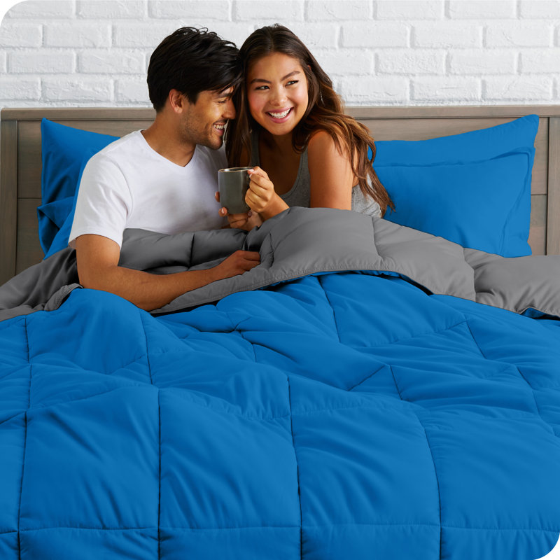 Twin Medium Blue and Grey Reversible Microfiber Bed in a Bag Set