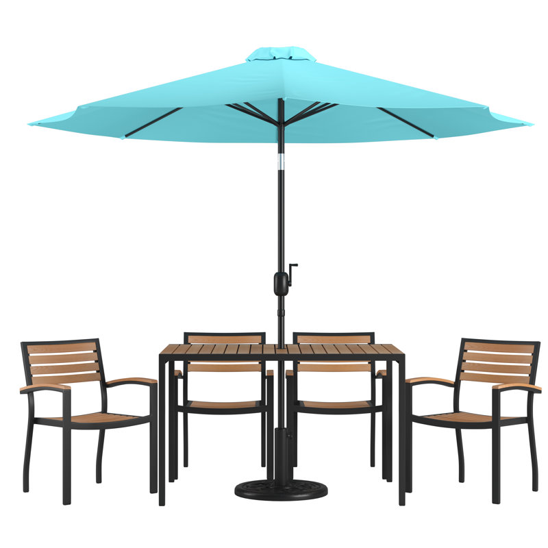 Abdikadir 30" x 48" Faux Teak Patio Table, 4 Chairs and 9FT Patio Umbrella with Base, Teal Umbrella