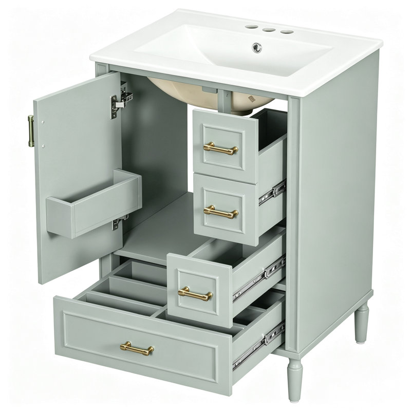 Meuble-lavabo moderne de 24 po avec lavabo en céramique, porte à fermeture douce, 3 tiroirs, poignées dorées et support de porte pour un rangement peu encombrant