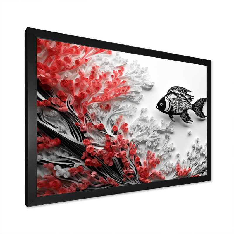 Impression sur toile monochrome de poissons noirs et rouges, Cadre flottant doré, H 12 po x l 20 po
