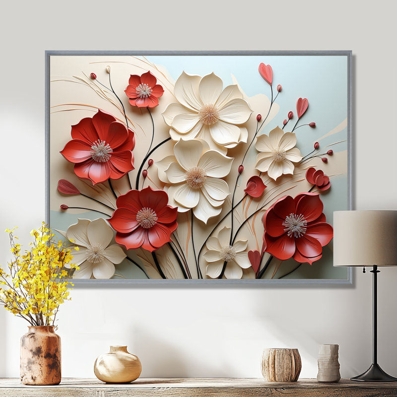 Rouge et blanc cramoisi fleur s Étreinte - art mural fleur, H 12 po x l 20 po, Reproduction avec cadre flottant