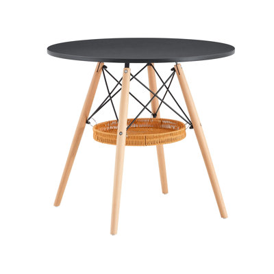 31.5-Inch Diameter Circular Dining Table, Black MDF Vacuum Formed Tabletop, Solid Wood Legs, With Suspended Woven Storage Basket Structure. A Casual Coffee Table Suitable For 2-4 People.