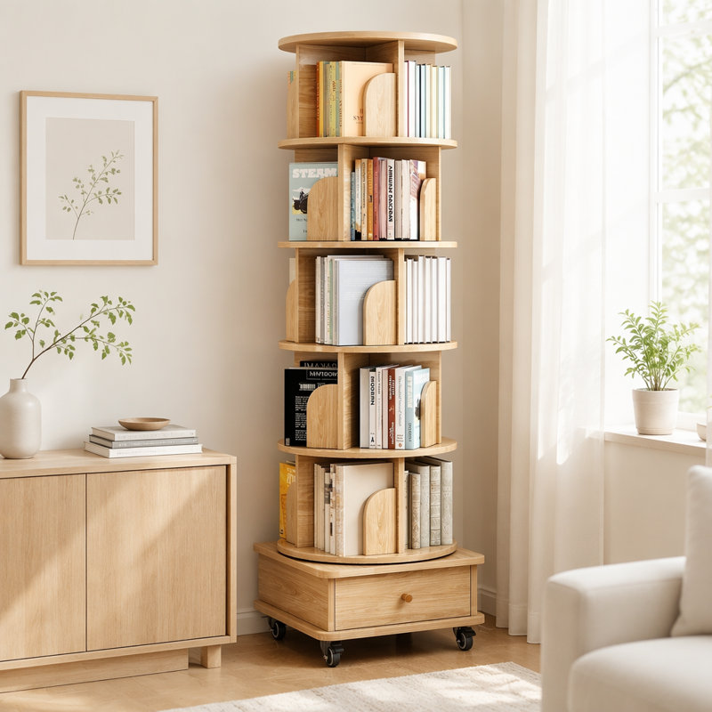 Bibliothèque rotative à 6 niveaux, étagère ronde rotative à 360 ° avec roulettes et tiroir, peu encombrante, petite bibliothèque rotative pour chambre à coucher, salon, maison, bureau, couleur bois