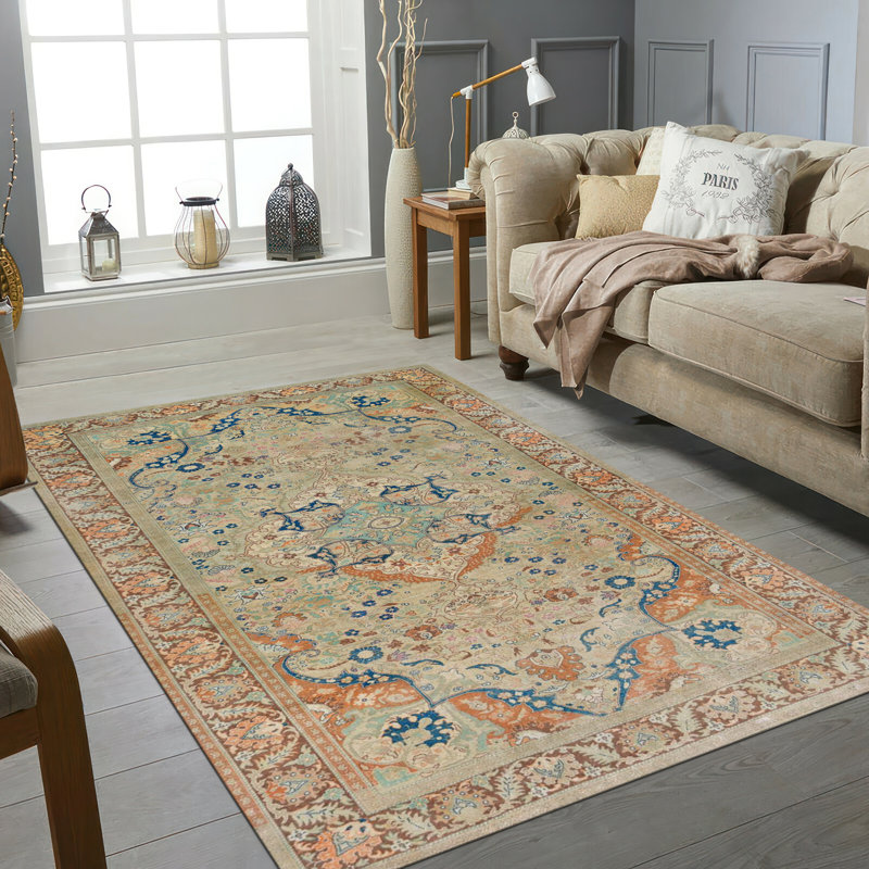 Floral Symphony Non Woven Soft Type Printed Rug Featuring Delicate Botanical Design in Cream and Blue Tones for a Subtle Interior Accent