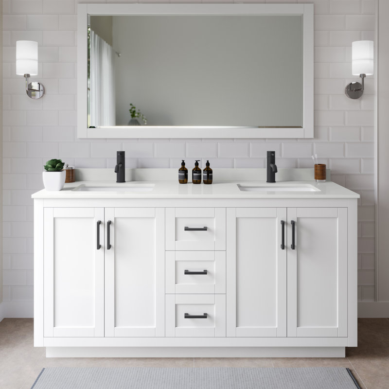 Miranda 66" Freestanding Double Bathroom Vanity with Quartz Top, White Quartz, White, Matte Black