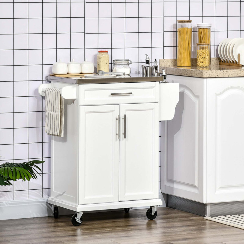 Îlot de cuisine sur roulettes, chariot de cuisine roulant avec comptoir en acier inoxydable, Blanc