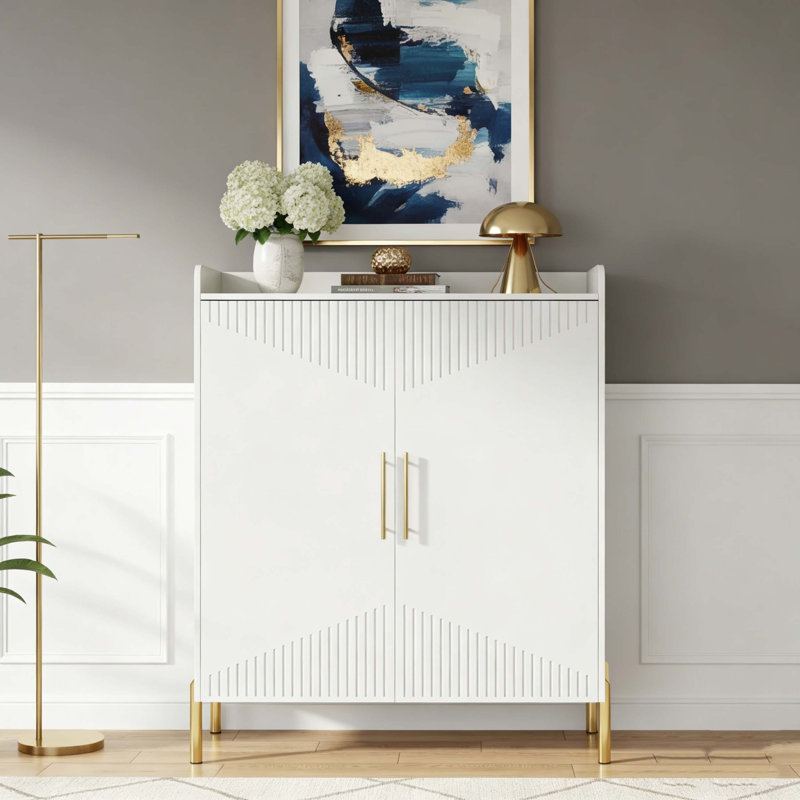 Modern Shoe Rack Organizer with Closed Storage Doors, White and Gold