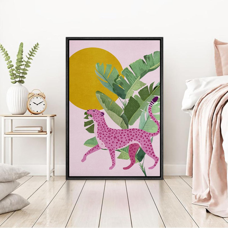 Animaux de style BCBG vif, feuille de palmier, guépard rose, animaux de chambre tropicaux, style bohème moderne, Noir