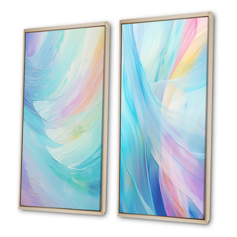 Soft Cyan Rainbow Whisper - Formes abstraites, ensemble de 2 impressions sur toile, Cadre flottant brun, H 32 po x l 33 po