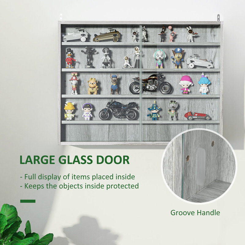Gray Wood 5-Tier Wall-Mounted Display Cabinet with Glass Doors