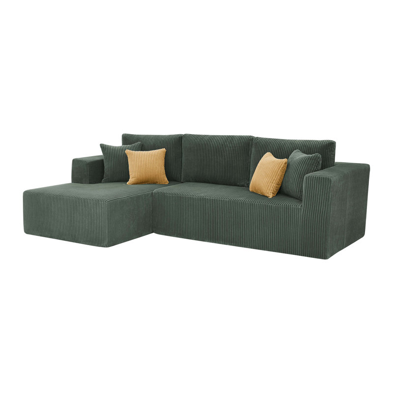 Full Compressed Corduroy Upholstered Sectional - No Assembly Needed, Left Hand Facing, Dark Green Corduroy
