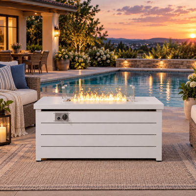47" Propane Gas Outdoor Fire Table with Lid, Glass Bead and Glass Wind Guard