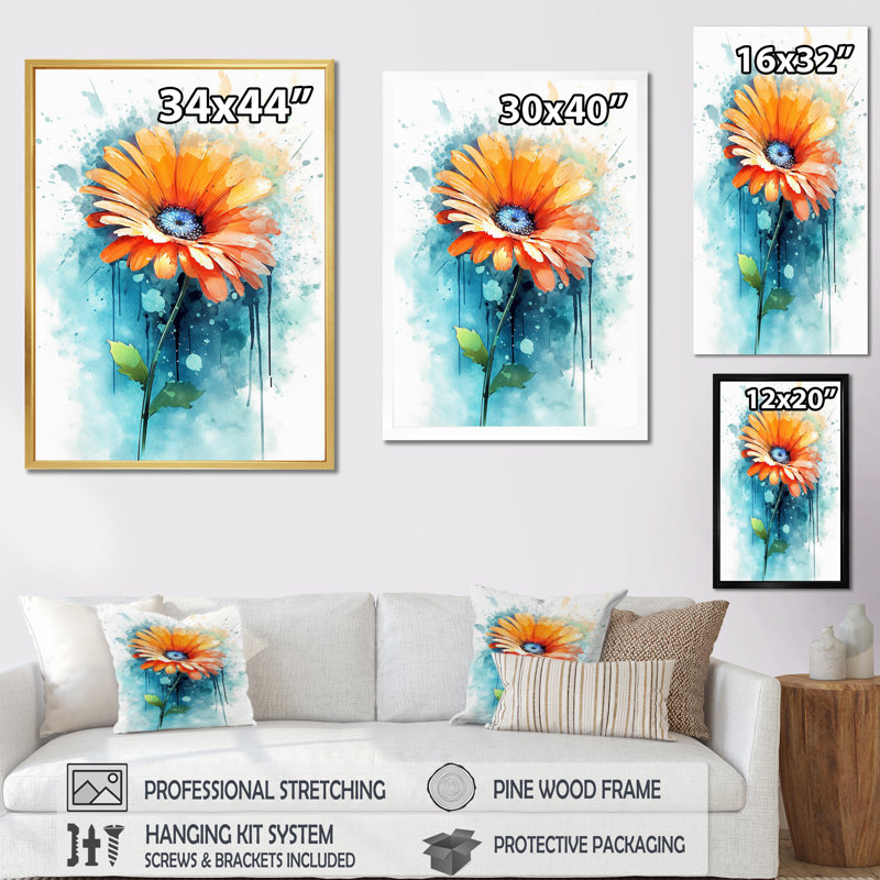 Fusion de marguerite orange et sarcelle sur toile, H 32 po x l 16 po x P 1 po, Cadre flottant doré