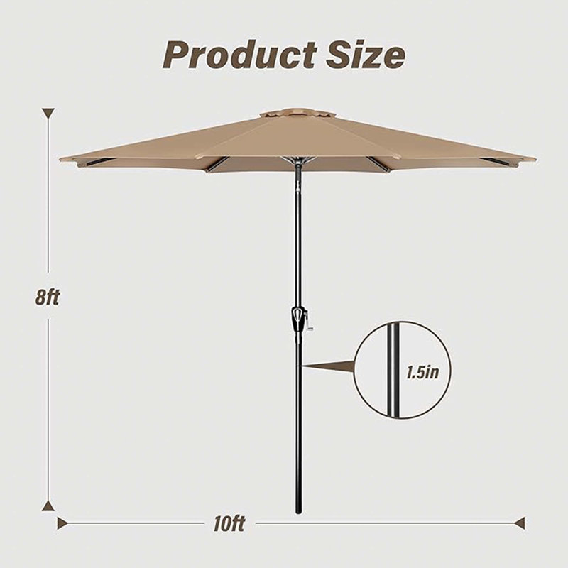 10Ft Outdoor Market Patio Umbrella With 8 Sturdy Ribs, Tilt/Crank Push Button For Garden, Deck, Backyard And Pool, Tan